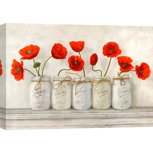 Tableau fleurs. Coquelicots rouges dans des vases Mason Jars
