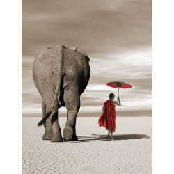Art print with buddhist monk and elephant. In the plains (detail)