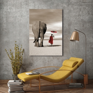 Art print with buddhist monk and elephant. In the plains (detail)