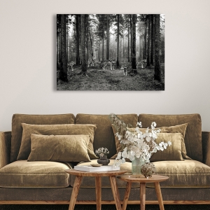 Wall art print, canvas, poster with Pack of wolves in the wood BW