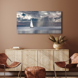 Wall art print, canvas, poster, Sailboat Sailing on a Silver Sea