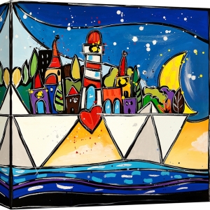 Cuadro colorido en lienzo, poster, Wallas, Happy Village Boat