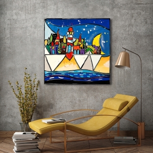 Colorful wall art print and canvas. Wallas, Happy Village Boat