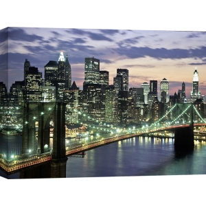 Quadro, stampa su tela. Michel Setboun, Il ponte di Brooklyn e lo skyline di Downtown, New York