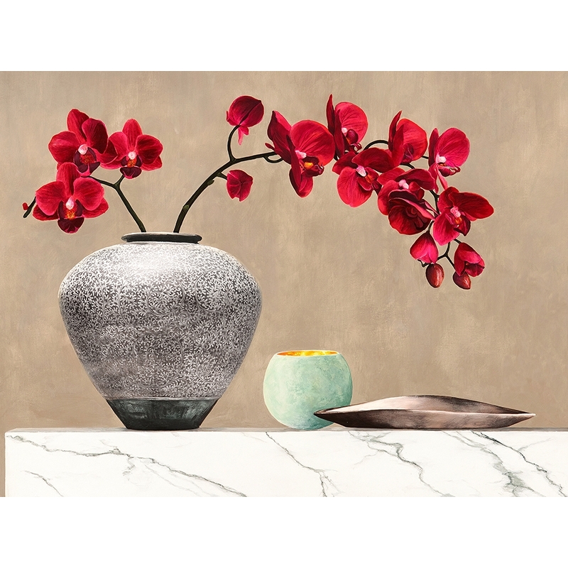 Quadro fiori moderni. Thomlinson, Orchidee rosse, marmo bianco det