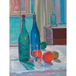 Cuadro en lienzo, poster Gore, Botellas azules y verdes y naranjas