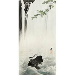 Japanische Kunst Ohara Koson, Japanische Bachstelze am Wasserfall