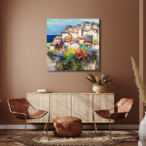 Cuadro paisaje, lienzo y poster, Luigi Florio, Pueblo junto al mar II