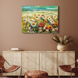 Floral print, canvas, Daisies under a turquoise sky by Luigi Florio