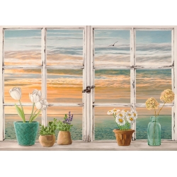 Kunstdruck, Leinwandbilder, Fenster am Meer bei Sonnenuntergang